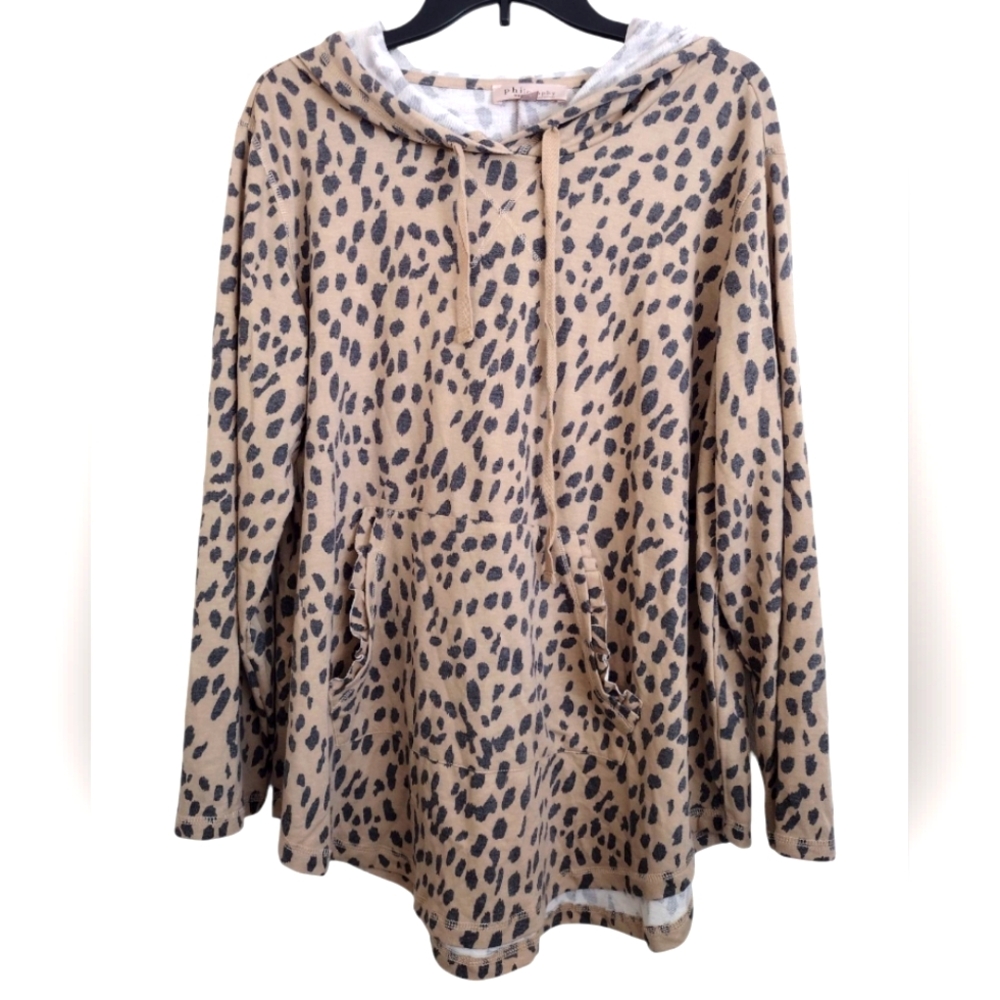 Philosophy Leopard Print Beige Grey Hoodie Ruffle Kangaroo Pocket Size 1X